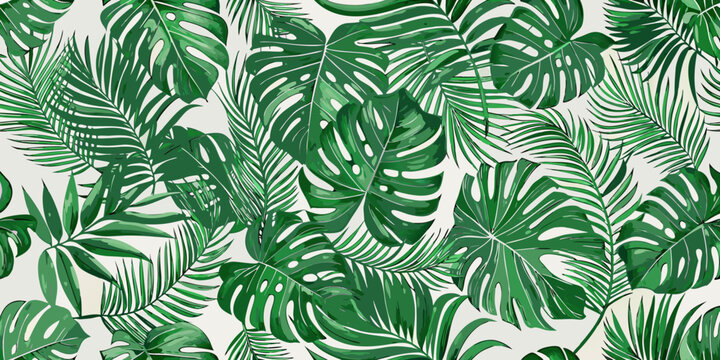 seamless pattern of green monstera leaves on white background tropical botanical nature leaf plant design illustration vector graphic artwork decorative