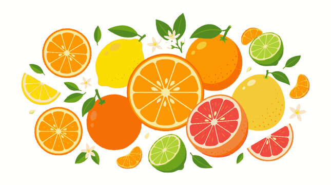 Vibrant vector flat illustration of fresh citrus fruits including whol