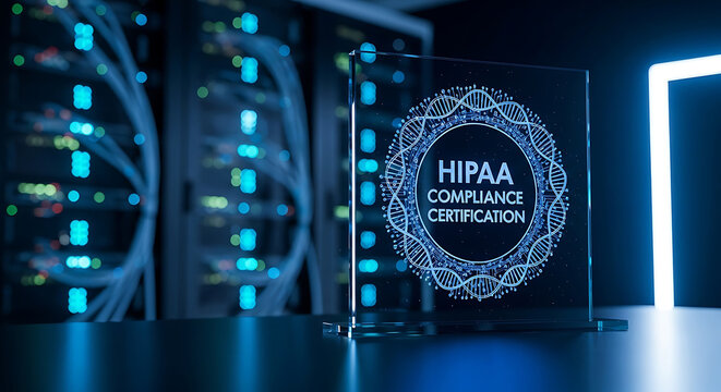 A formal HIPAA compliance certification award displayed in a hightech data server room representing healthcare security standards