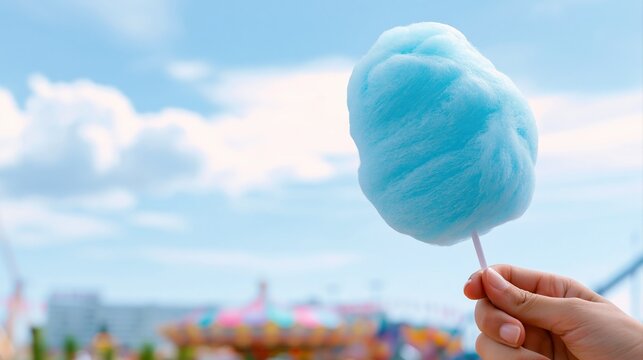 Hand holding blue cotton candy against sky