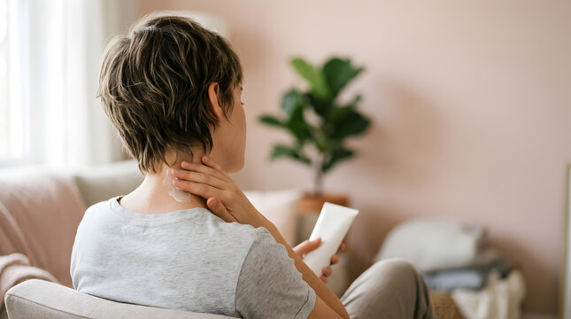 Woman with short hair applying skin care cream to her neck while sitting on a sofa in a bright living room