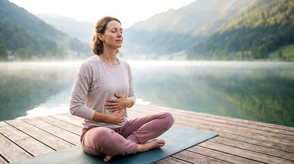 Fototapeta premium Serene Woman Practicing Mindfulness Meditation and Yoga Breathwork on Lake Dock at Sunrise
