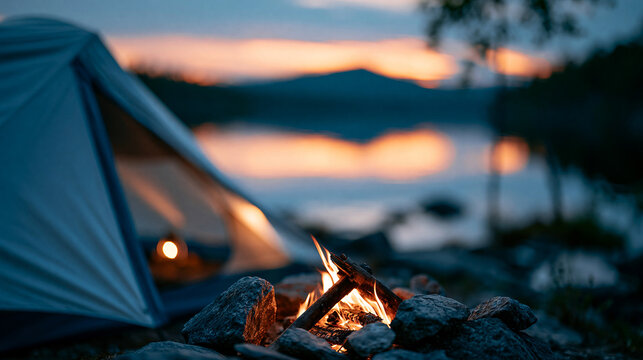 Camping tent by a tranquil lake during sunset, reflecting calm waters and a vibrant sky, warm campfire glowing, defocused mountain horizon in background, reflective lake sunset