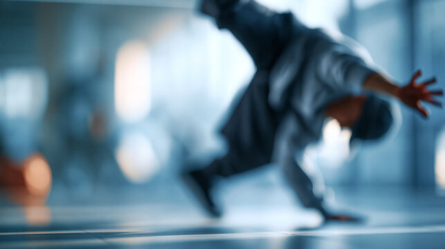 Faceless hip hop dancer performing an impressive headstand move, skilled breakdance technique, defocused studio background, headstand breakdance concept photography, with copy