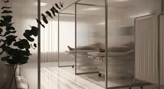 Modern hospital clinic design prioritizing patient privacy with medical partitions ensuring hipaa compliance in a clean treatment room environment