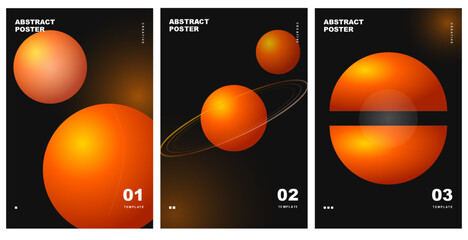 Set of three abstract posters with orange glowing spheres and planets on for modern design. Vector illustration. © Shafiul Muttaqin 