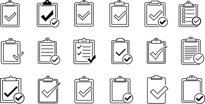 Collection of clipboard icons with check marks in linear style on a white background