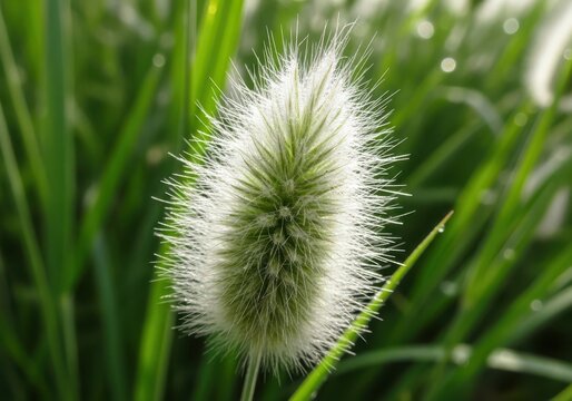 Close up of a foxtail grass seed head in lush greenery natural sunlight botanical detail
