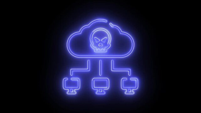  Neon cloud hacker attack icon with connected devices on black background cloud hacker, cyber attack, connected devices, neon icon, black background, malware, network threat, cybersecurity, UI overlay