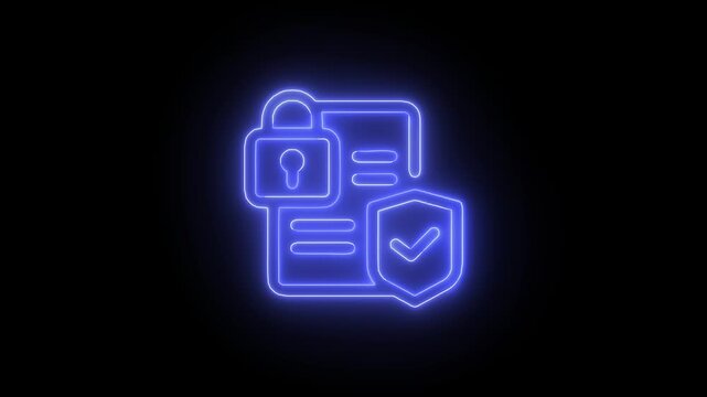  Neon secure document with lock and shield glowing on black background secure document, lock icon, shield symbol, glowing neon, black background, cybersecurity, data protection, privacy, UI icon, anim