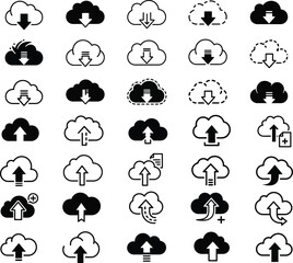 Obraz premium Set of cloud download and upload flat icons on a white background
