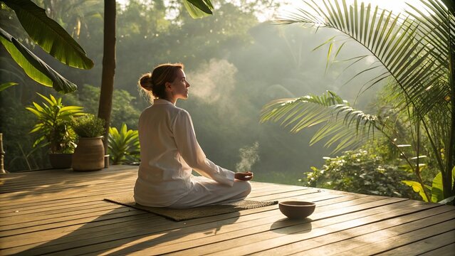 Serene woman enjoying peaceful Ayurvedic wellness ritual with calming natural atmosphere.