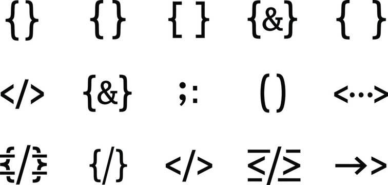 Programming code brackets and symbols set on a white background development interface elements