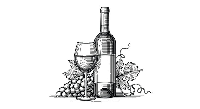 Detailed hand drawn engraving of a classic wine bottle with a filled glass and fresh grapes with leaves in black and white.