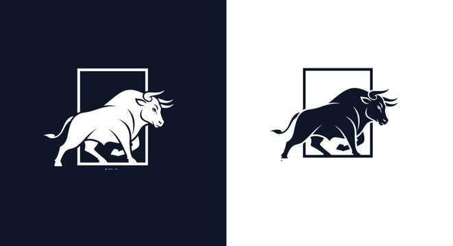 Strong bull silhouette mascot logos stepping forward from a rectangular frame, presented in dark and light color options.