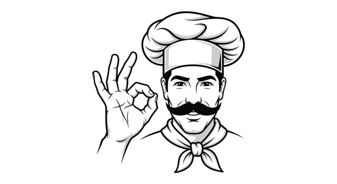 Smiling master chef with a thick mustache showing the ok hand sign, ideal for Italian restaurant or bakery logo.