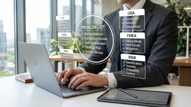 Businessman analyzing problem list on laptop screen, risk assessment, FMEA strategy, market analysis, competitor review, corporate planning