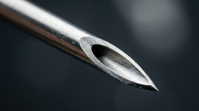 Close-up macro shot of a sterile medical hypodermic needle tip.