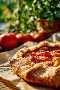 Tomato galette on rustic parchment paper. Savory vegetable tart with fresh garden harvest herbs. Homemade organic pastry meal for summer brunch and healthy vegetarian cooking concept.