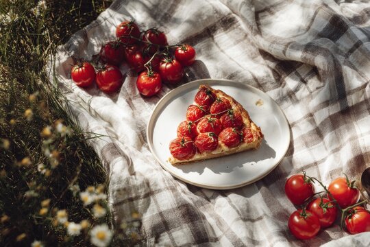 Slice of savory tomato tart on plate placed on checkered blanket during picnic. Homemade vegetable quiche pastry with red cherry tomatoes. Outdoor summer meal eating and lifestyle.