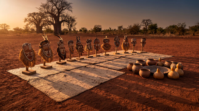 Nigeria, Nigerian festival space, traditional masks on wooden stands, clay pots and calabash gourds, red earth, baobab silhouette