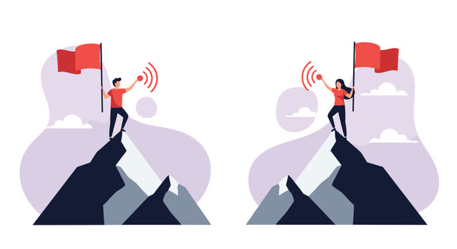 Motivated young businessman and businesswoman conquering mountain peaks to wave red flags and send successful progress signals.