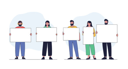 Fototapeta premium Five young diverse people standing in a row holding blank white placards for protest, advertisement, or message.