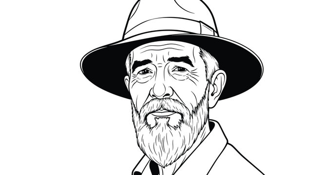 Detailed portrait of an old bearded man wearing a classic fedora hat shown in clean black and white line art.
