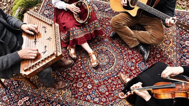 Folk band playing acoustic instruments outdoors on a Persian rug