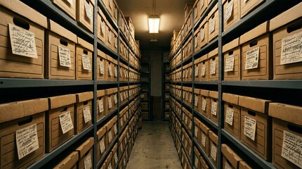 Obraz premium Archive Room Shelving Stacked with Boxed Trial Documents Under Labelled Tags – Clinical Trial Stock Photo