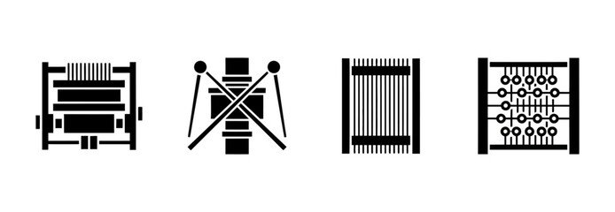 Professional black vector icons representing weaving techniques like looms and spindles used in fabric manufacturing and traditional textile crafts © ARIF