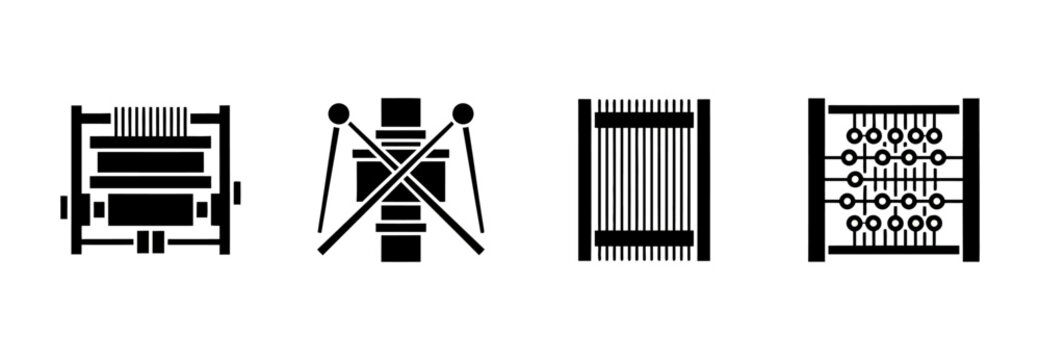 Professional black vector icons representing weaving techniques like looms and spindles used in fabric manufacturing and traditional textile crafts