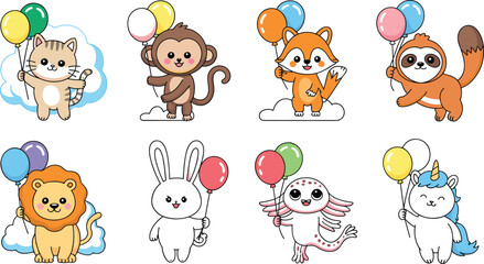 Obraz premium Cute Kawaii Animal Vector Set Holding Colorful Balloons Featuring Cat Monkey Fox Sloth Lion Rabbit Axolotl and Unicorn for Birthday Party Sticker Designs