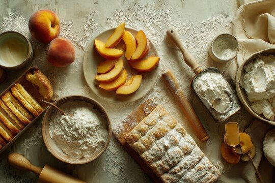 Fresh peach cobbler prepared with flour and rolling pin on rustic wooden surface. Homemade fruit pastry baking process. Culinary background for confectionery and dessert making concept.