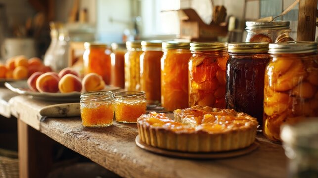 Fresh peach tart next to glass jars filled with homemade fruit preserves on rustic wooden table. Artisan kitchen scene with canned fruit harvest and sweet dessert. Rural food concept.