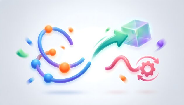 Abstract 3d render featuring a vibrant holographic cube being propelled by a curved arrow alongside floating orange spheres and a pink mechanical gear icon with rotating circular arrows 