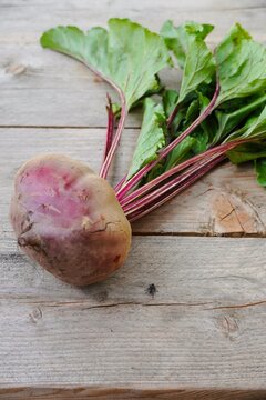 Fresh beet with red stems, overhead view on wooden table
