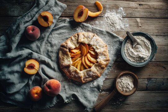 Homemade peach galette on wooden table with fresh fruit and flour. Rustic tart with sliced peach. Baking process in kitchen. Healthy summer dessert, culinary recipe and food concept.
