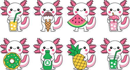 Naklejka premium Cute Kawaii Axolotl Vector Character Set Enjoying Sweet Treats and Summer Fruits Including Watermelon Pineapple Ice Cream Donut and Refreshing Drinks Stickers