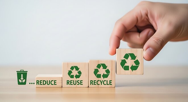 Sustainable lifestyle wooden blocks with reduce reuse recycle text, hand arranging eco friendly cubes, environmental conservation concept