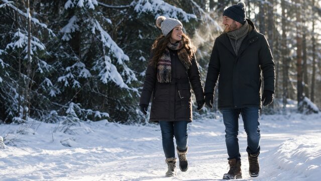 Junges Paar beim Winterspaziergang am 2. Weihnachtstag in Deutschland, Hand in Hand auf verschneitem Waldweg bei kaltem Sonnenlicht und festlicher Ruhe.