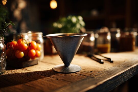 Metal coffee filter cone on rustic wooden table in cafe. Professional kitchen tool for brewing manual pour over coffee. Sustainable lifestyle equipment for barista and cafe interior.