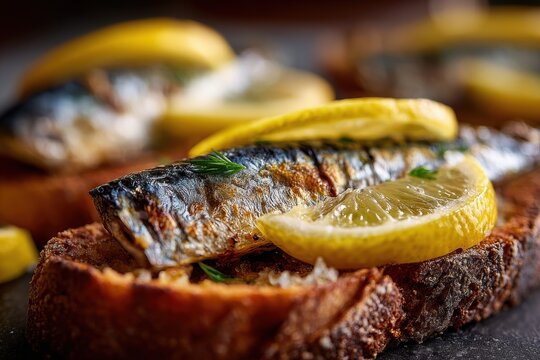 Grilled sardine on slice of toasted rye bread with lemon and dill. Delicious seafood tapas appetizer. Traditional Mediterranean snack, gourmet healthy meal, culinary food photography.