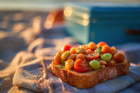 Bruschetta with tomato and bean served on a wooden board during a summer picnic. Traditional appetiser for lunch or dinner party. Healthy mediterranean food lifestyle and snack concept.