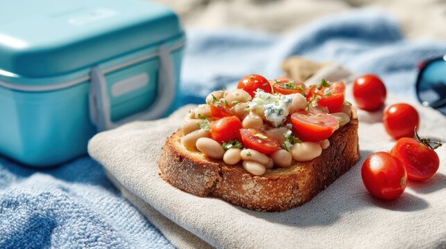 Toasted sourdough bread with white bean tomato and cheese topping. Healthy picnic snack served on a cloth. Mediterranean summer lunch meal for outdoor dining and culinary lifestyle.