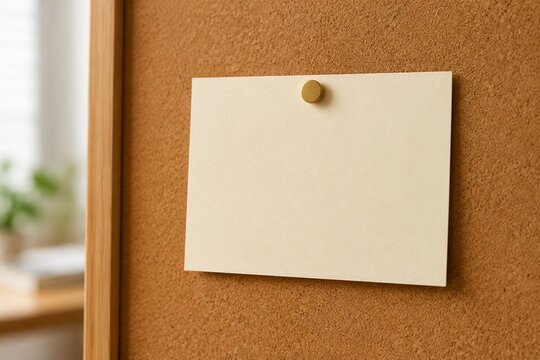 Blank cream notecard pinned to corkboard with brass tack, illuminated by soft diffused office light.