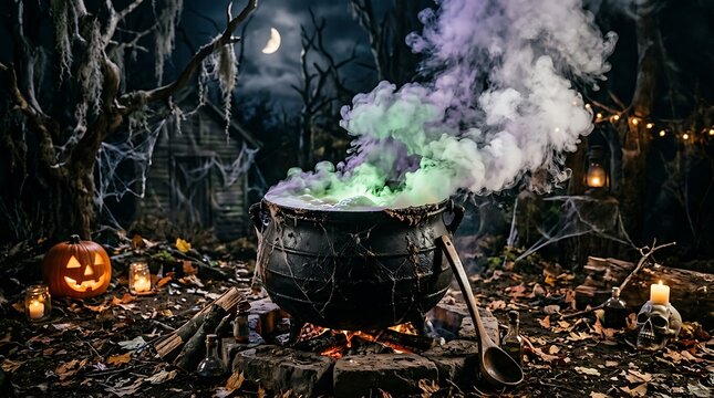 Mystical halloween witch's cauldron with glowing potion spooky forest and jack o' lantern for seasonal decorations