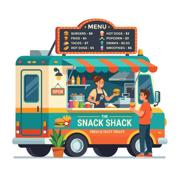 Food Truck Snack Shack Serving Burgers, Fries, Tacos, Hot Dogs