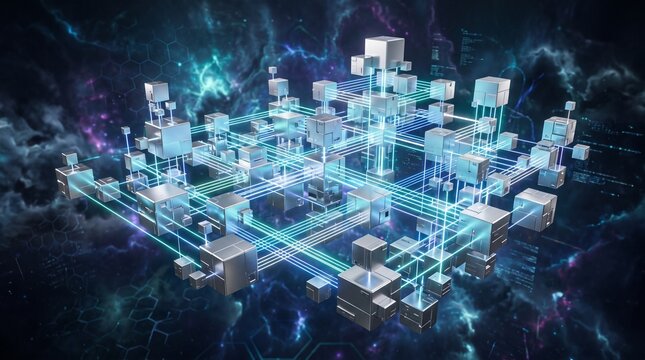 Digital grid landscape with glowing nodes and cubes representing advanced data processing infrastructure technology infrastructure