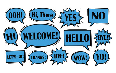 Collection of blue comic speech bubbles with various greetings and expressions for design © AmirsCraft